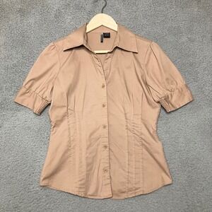 Y2K Passport Pintuck Button Up Top Women M Tan Khaki Short Sleeve Office Preppy